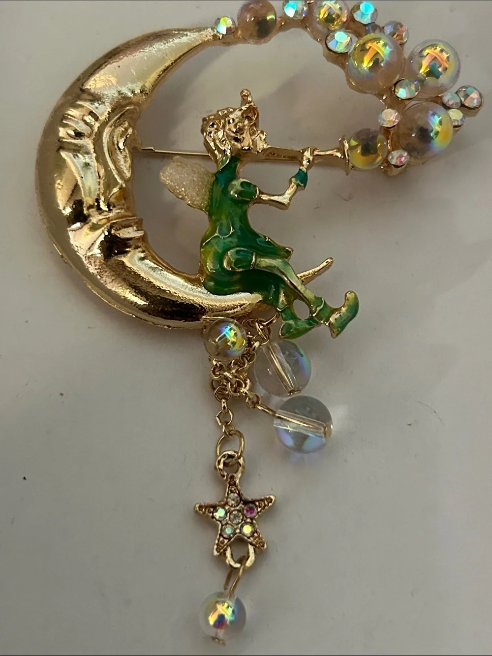 Gold and Green Crescent Moon Fairy Brooch with Iridescent Beads - Women Jewelry